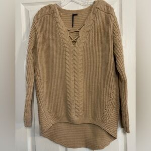 So It Is Women's Size S Tan Open Knit Long Sleeve V Neck Pullover Sweater